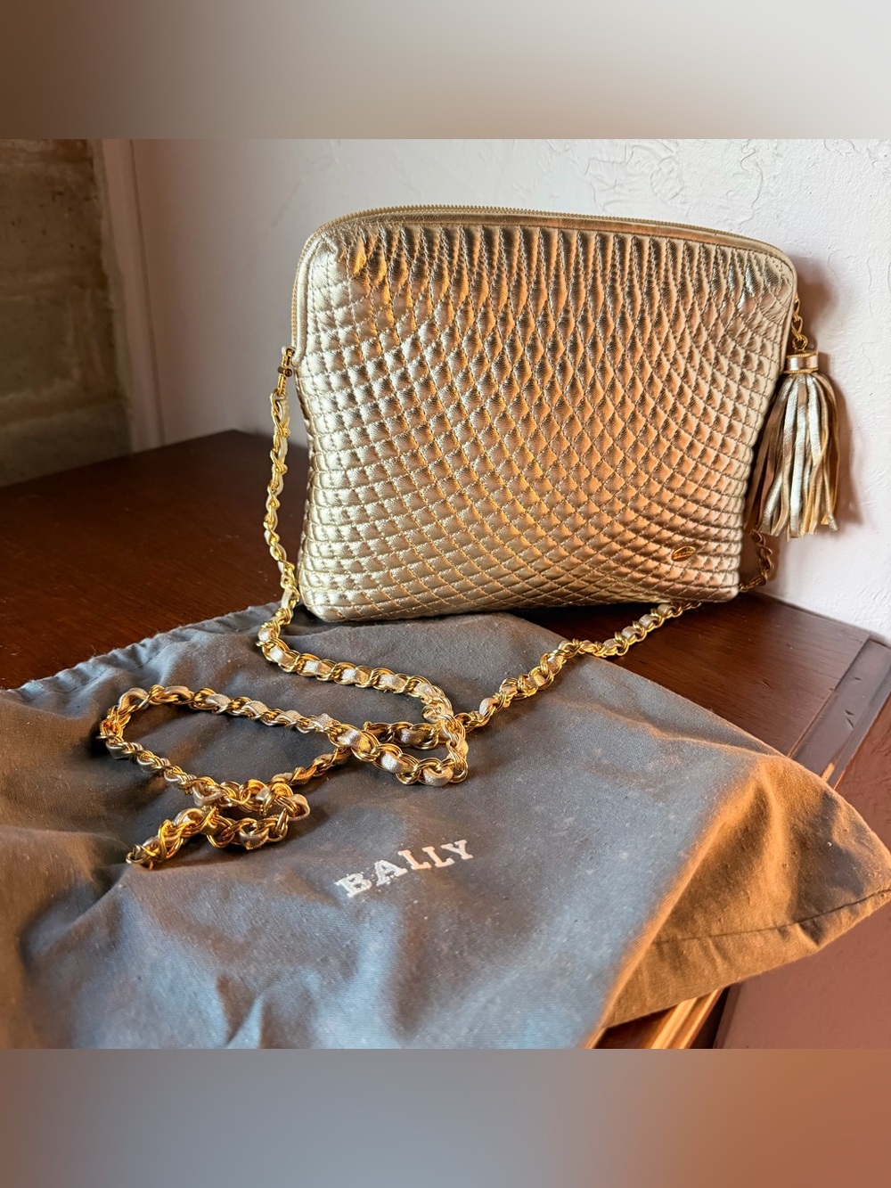 Vintage Bally NWT Metallic Gold Quilted Leather Crossbody Bag Tassel